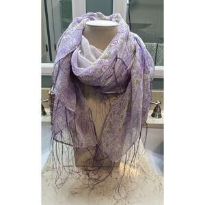 Women’s Fringed Scarf White Purple Floral Border Rectangle 39.75” X 36” New